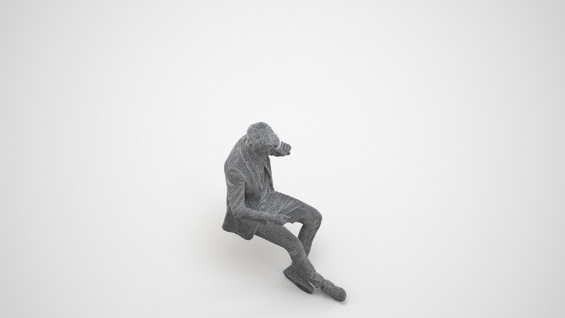 3D human model man casual sitting, photogrammetry scanned person for archviz, wireframe three-quarter view