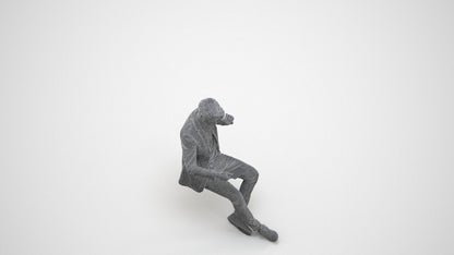 3D human model man casual sitting, photogrammetry scanned person for archviz, wireframe three-quarter view