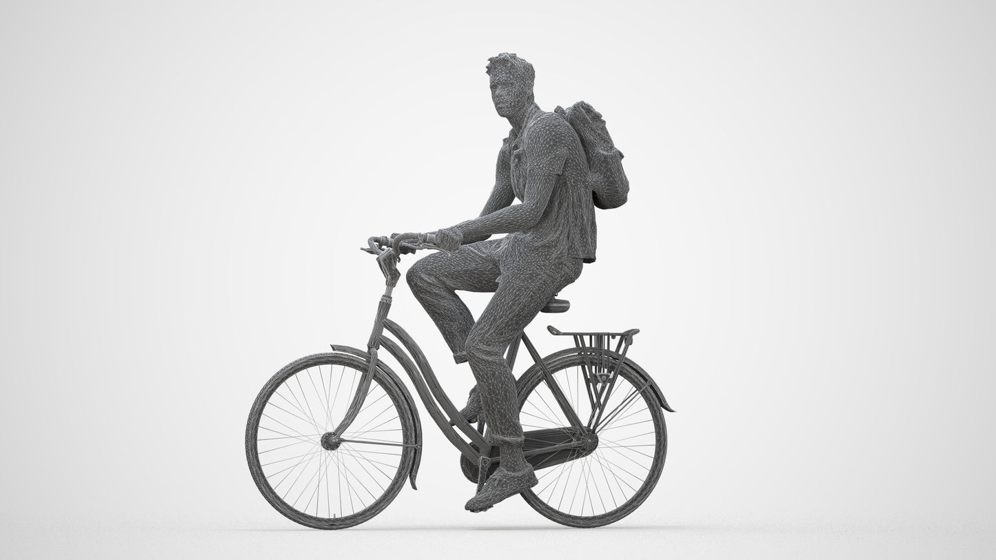 3D people model man casual cycling, scanned human for 3ds Max rendering, wireframe back view