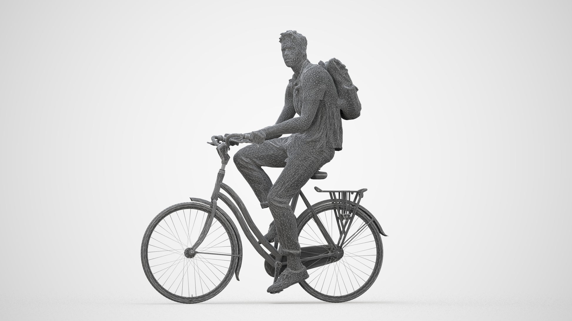 3D people model man casual cycling, scanned human for 3ds Max rendering, wireframe back view