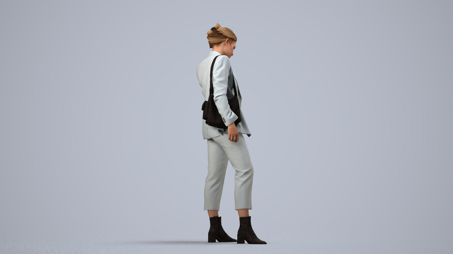 3D human model woman business standing, photogrammetry scanned person for archviz, side view render