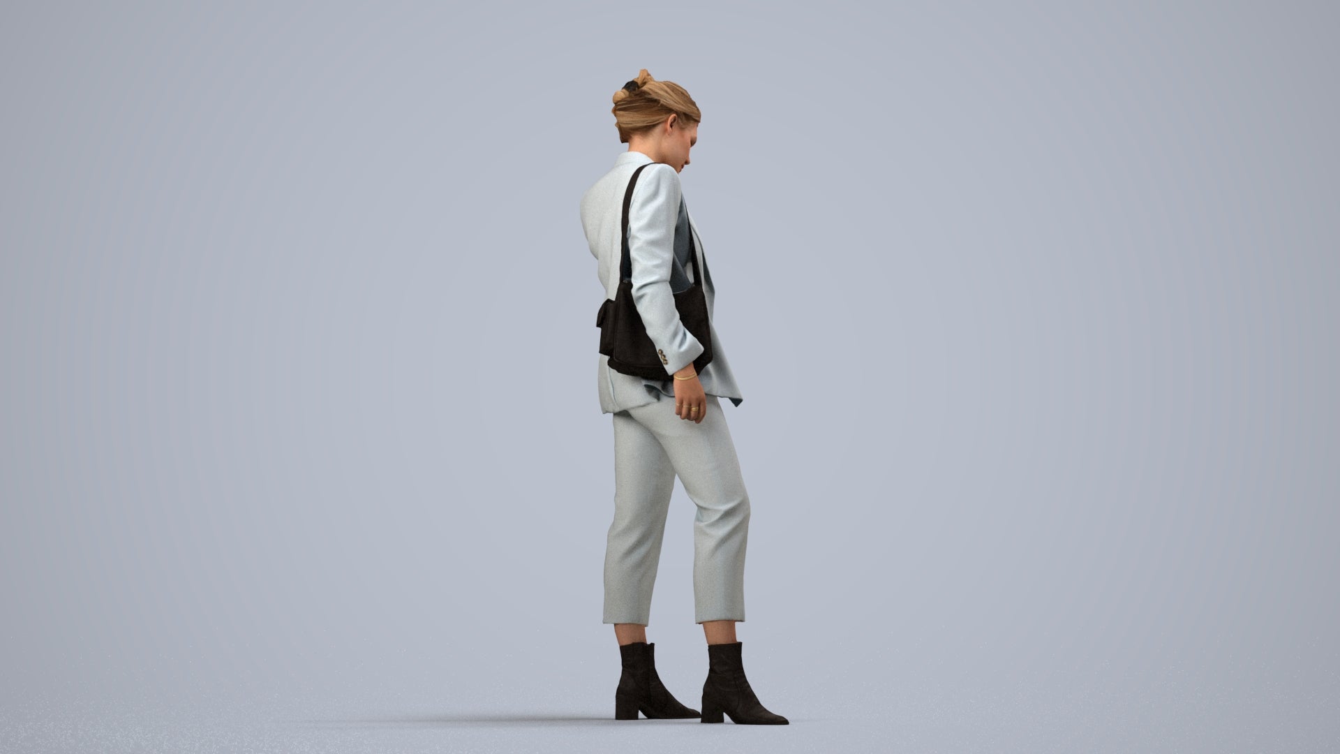 3D human model woman business standing, photogrammetry scanned person for archviz, side view render