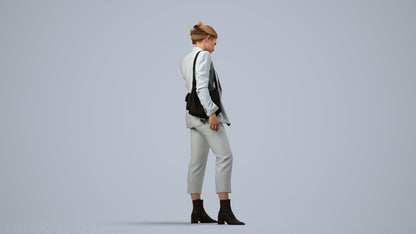 3D human model woman business standing, photogrammetry scanned person for archviz, side view render
