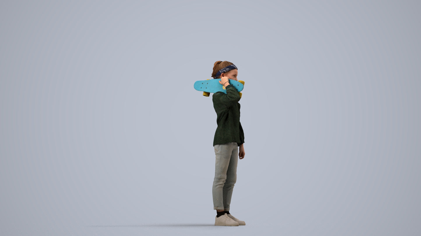 realistic 3D human girl casual kids, archviz people FBX OBJ for Blender, side view render