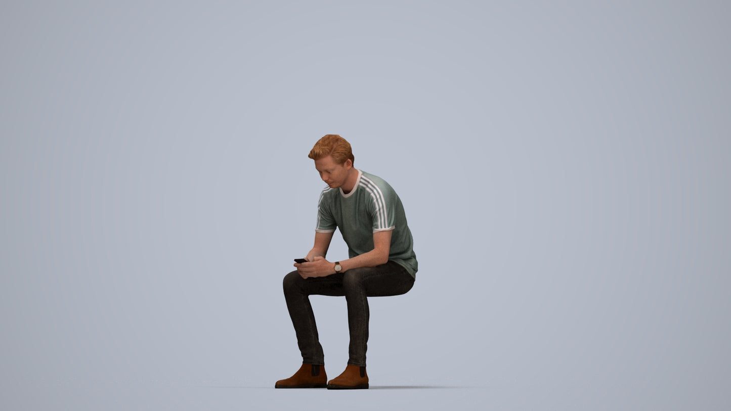 photogrammetry 3D man casual sitting, realistic human model archviz FBX, top-down view render