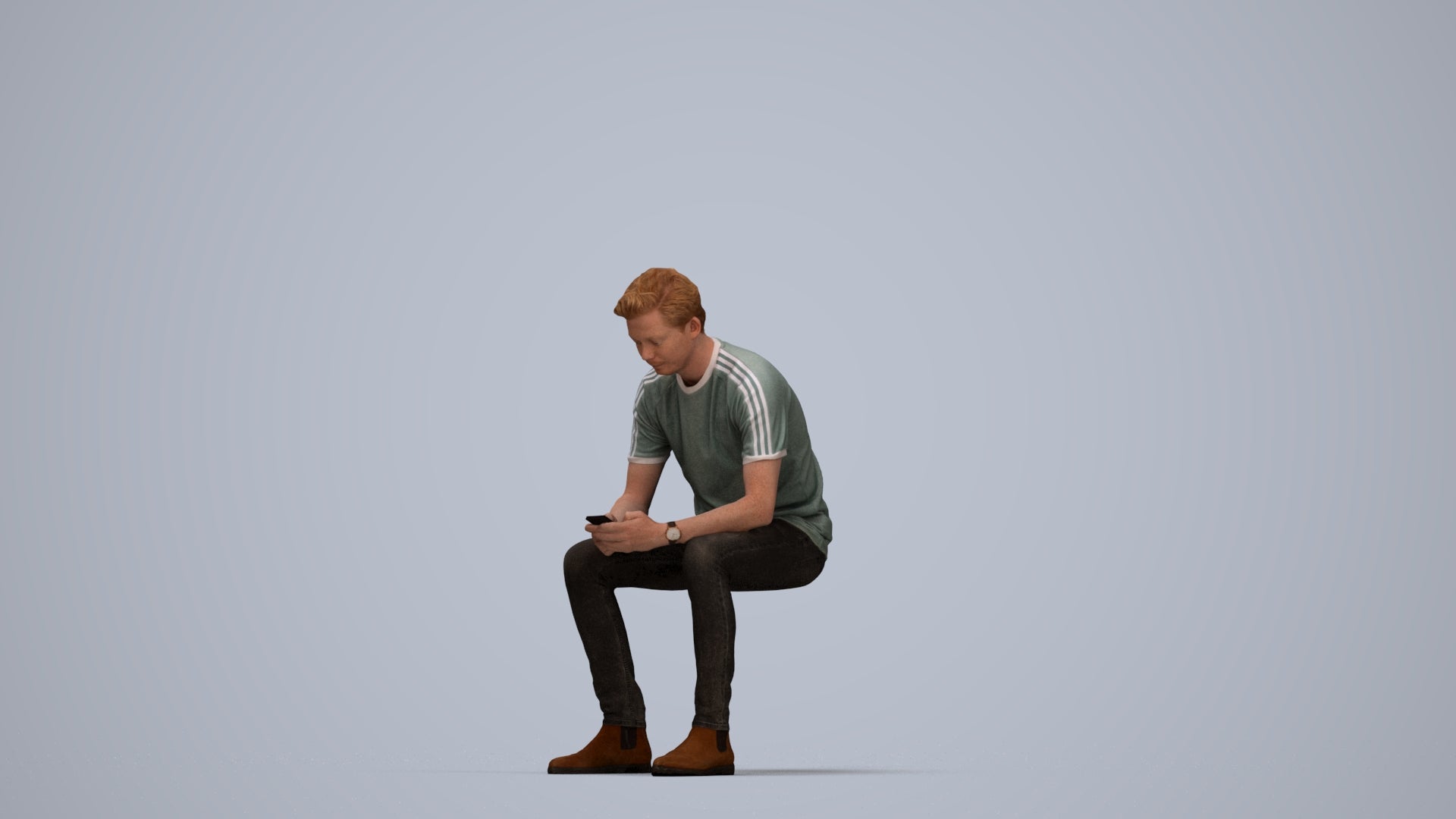 photogrammetry 3D man casual sitting, realistic human model archviz FBX, top-down view render