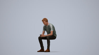 photogrammetry 3D man casual sitting, realistic human model archviz FBX, top-down view render