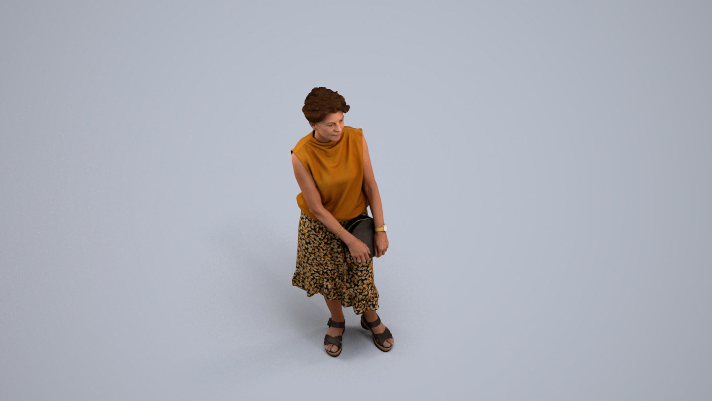 3D human model woman casual standing, photogrammetry scanned person for archviz, back view render