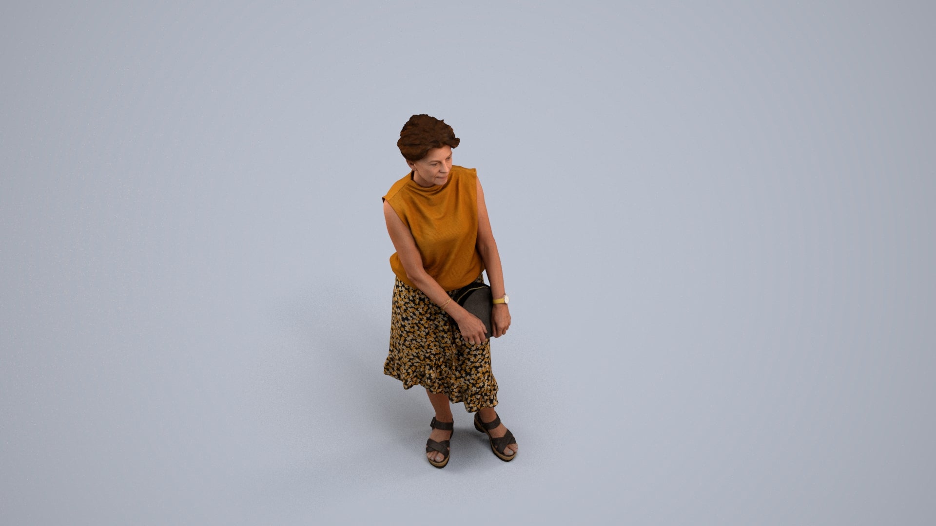 3D human model woman casual standing, photogrammetry scanned person for archviz, back view render