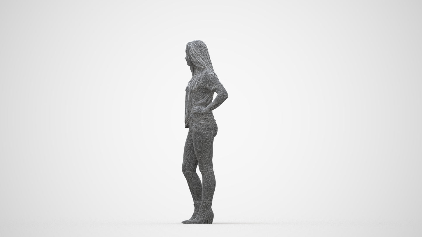 realistic 3D human woman casual standing, archviz people FBX OBJ for Blender, wireframe back view