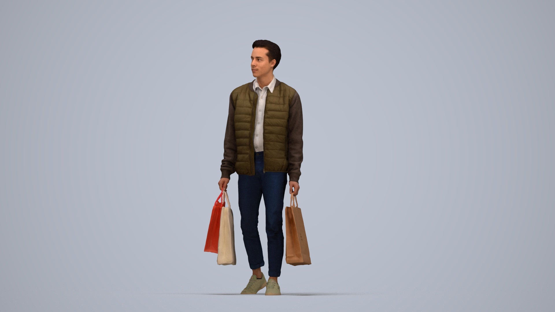 3D human model man casual formal, photogrammetry scanned person for archviz, top-down view render