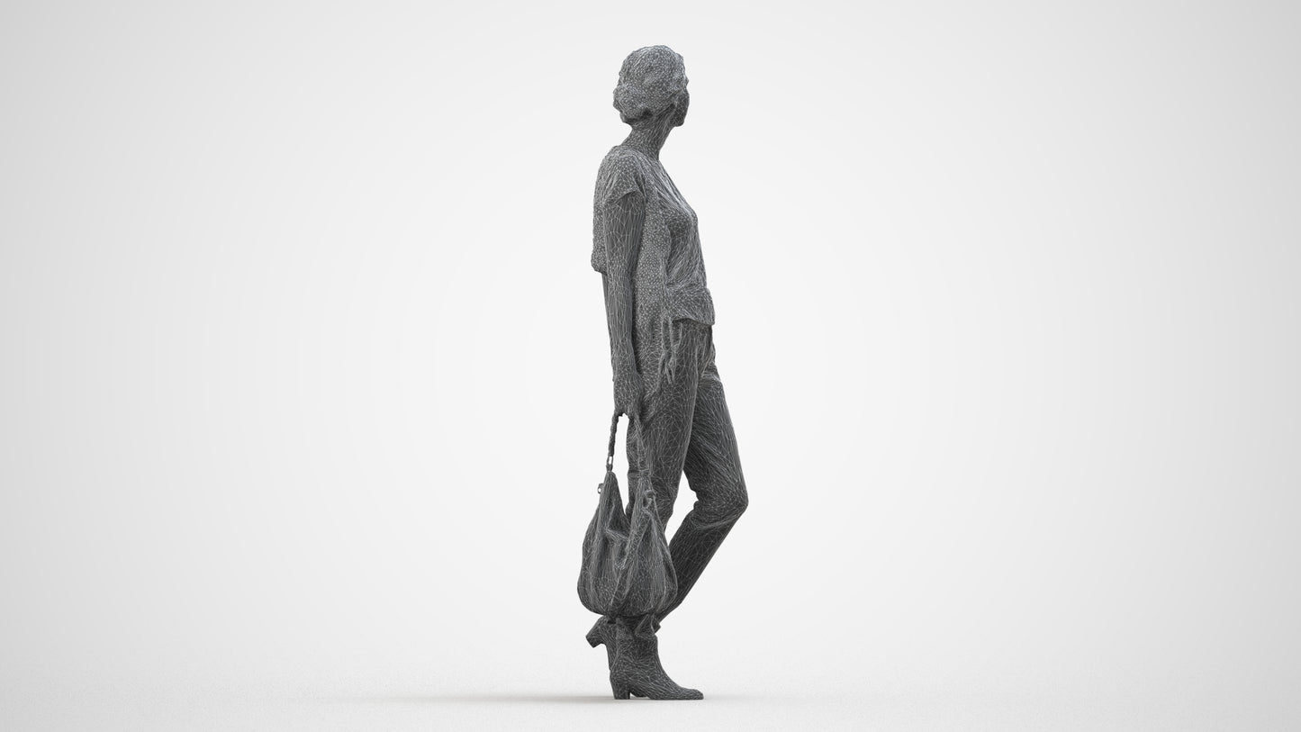 3D scanned woman standing casual, photorealistic archviz people for Enscape and SketchUp, wireframe side view