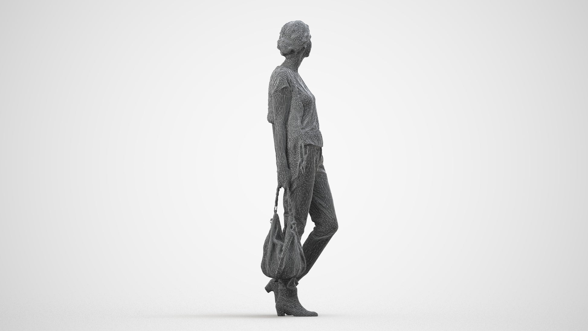 3D scanned woman standing casual, photorealistic archviz people for Enscape and SketchUp, wireframe side view