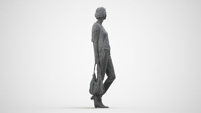 3D scanned woman standing casual, photorealistic archviz people for Enscape and SketchUp, wireframe side view