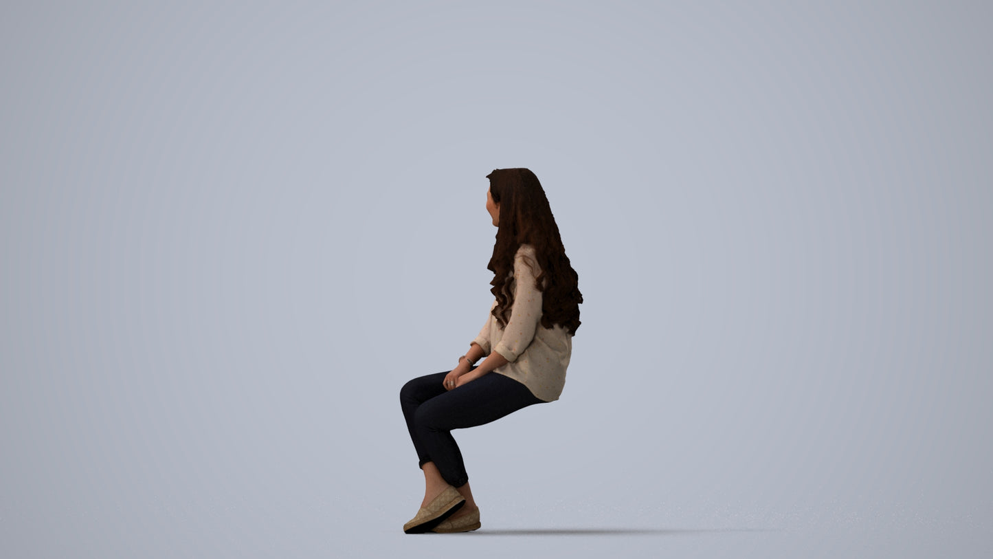 realistic 3D human woman casual sitting, archviz people FBX OBJ for Blender, three-quarter view render