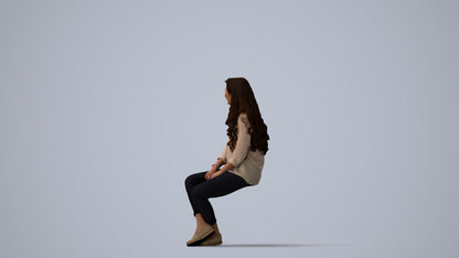 realistic 3D human woman casual sitting, archviz people FBX OBJ for Blender, three-quarter view render