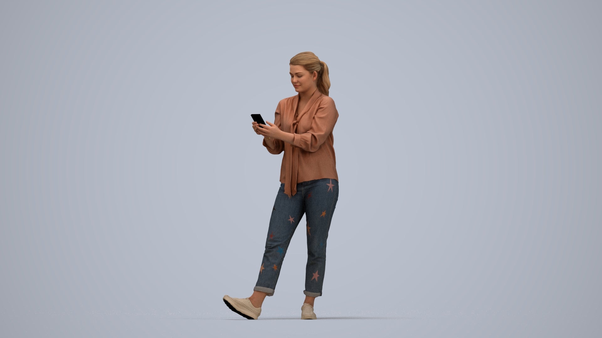 3D people model woman casual standing, scanned human for 3ds Max rendering, top-down view render