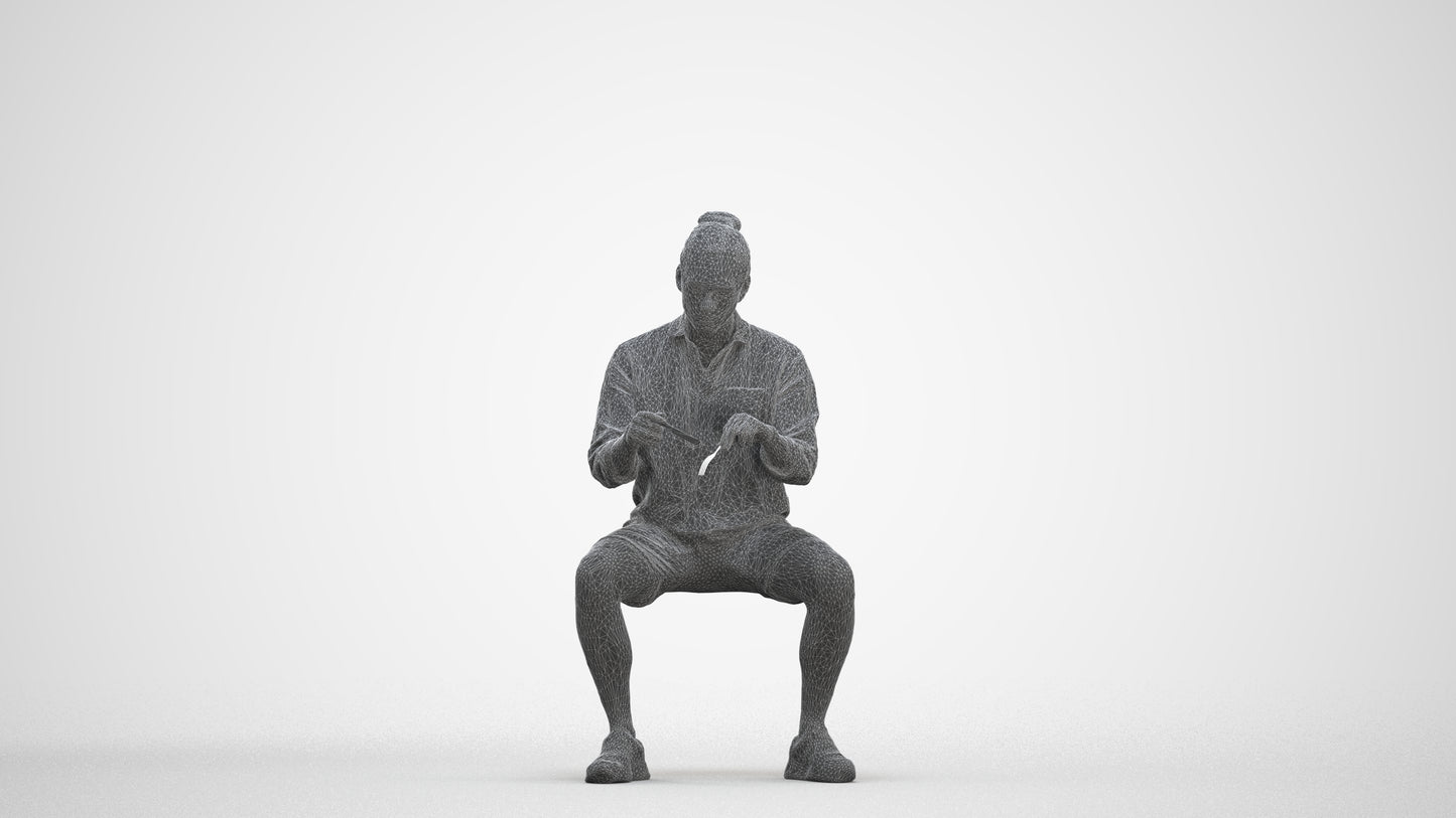 3D people model man casual sitting, scanned human for 3ds Max rendering, three-quarter front view render
