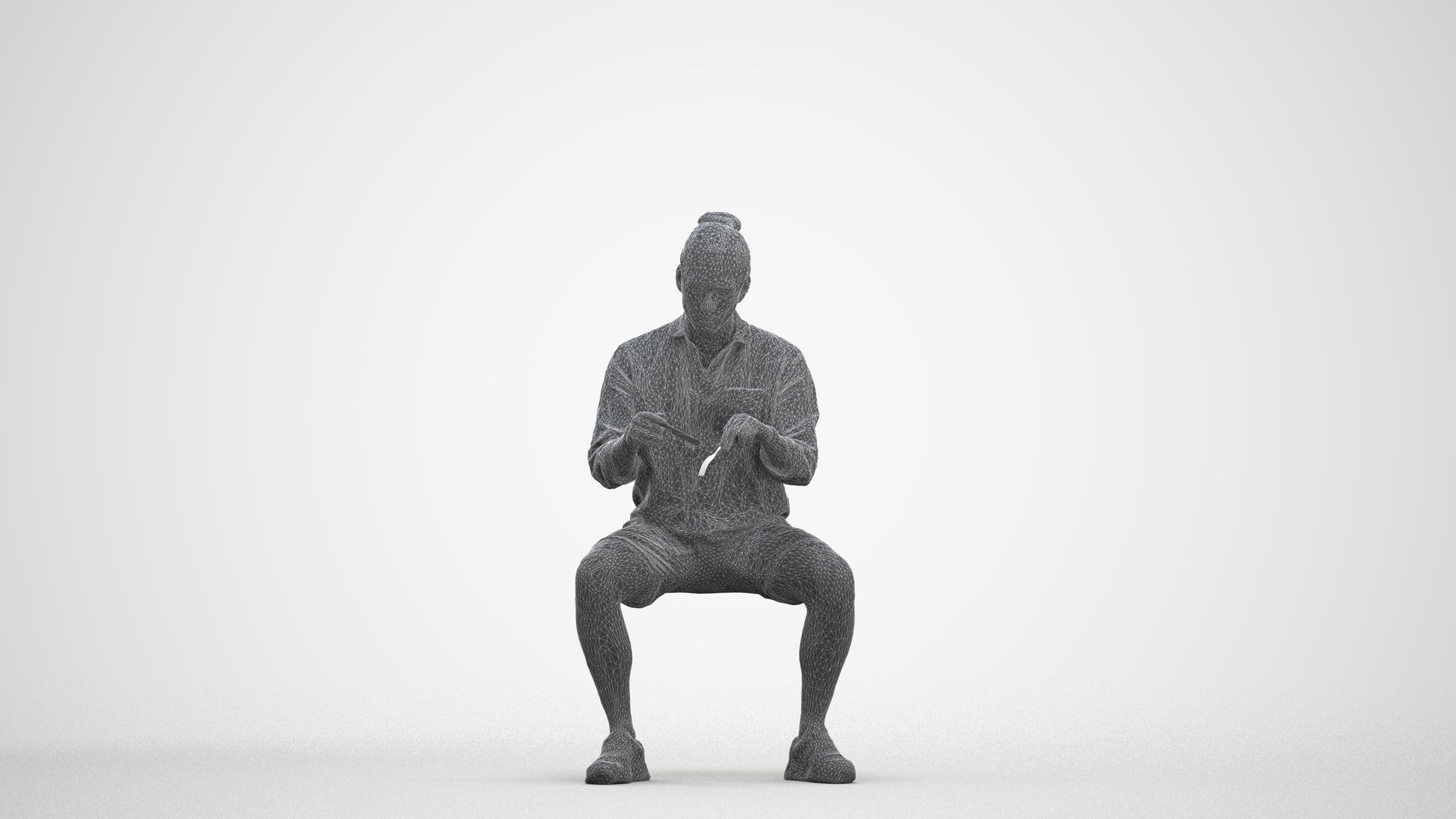 3D people model man casual sitting, scanned human for 3ds Max rendering, three-quarter front view render