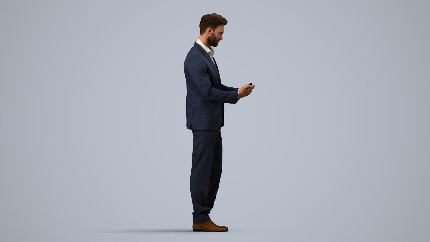 realistic 3D human man business, archviz people FBX OBJ for Blender, side view render