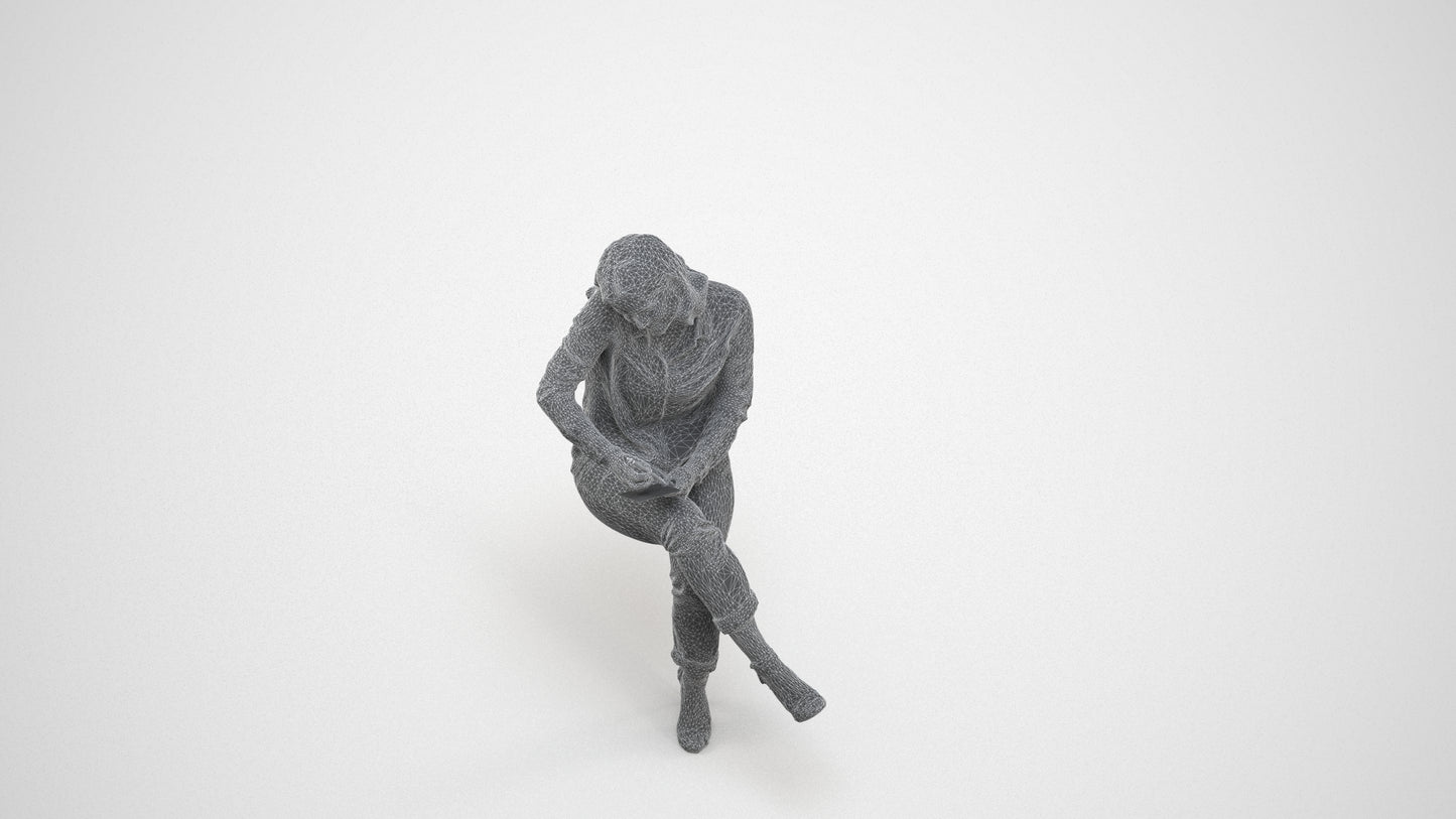 realistic 3D human woman casual sitting, archviz people FBX OBJ for Blender, wireframe three-quarter view