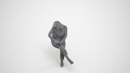 realistic 3D human woman casual sitting, archviz people FBX OBJ for Blender, wireframe three-quarter view