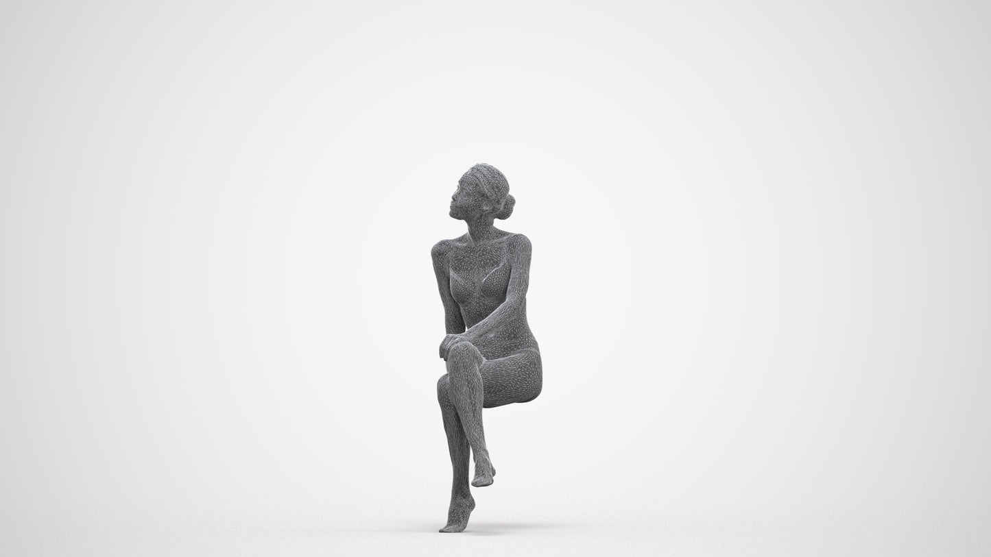 3D human model woman bathroom, photogrammetry scanned person for archviz, three-quarter front view render