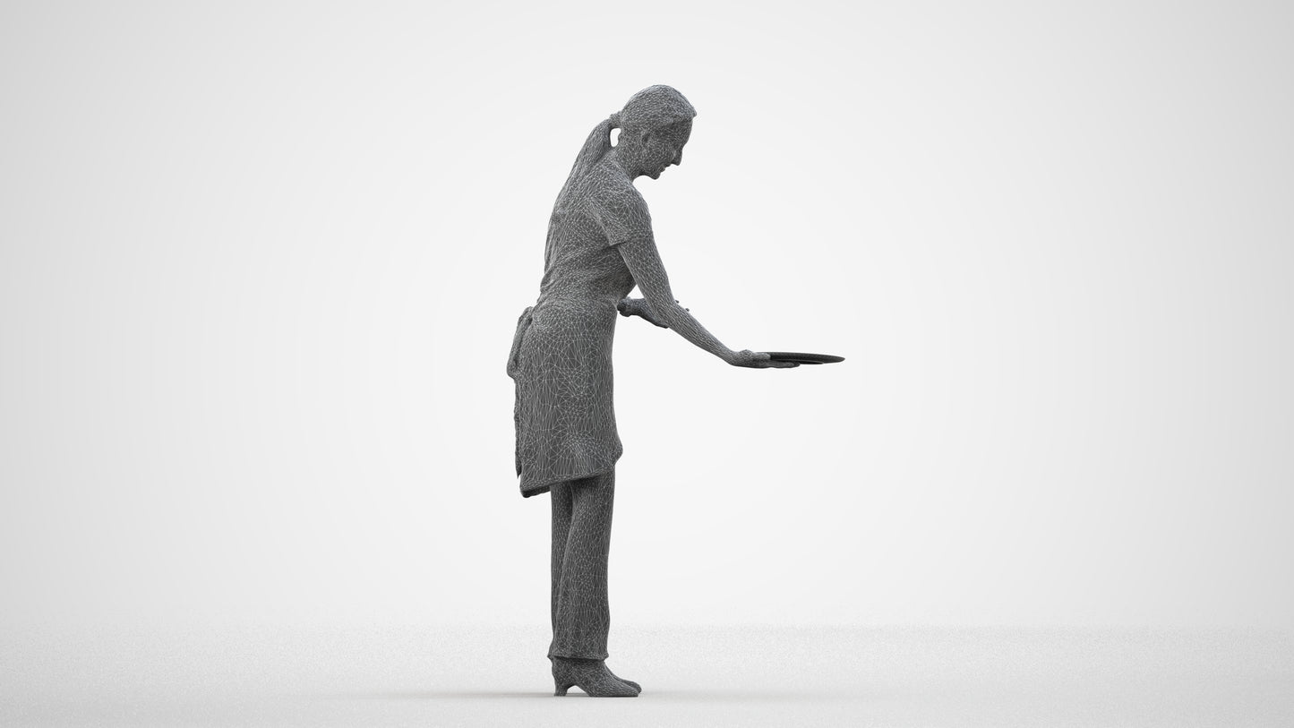 realistic 3D human woman hospitality, archviz people FBX OBJ for Blender, wireframe side view