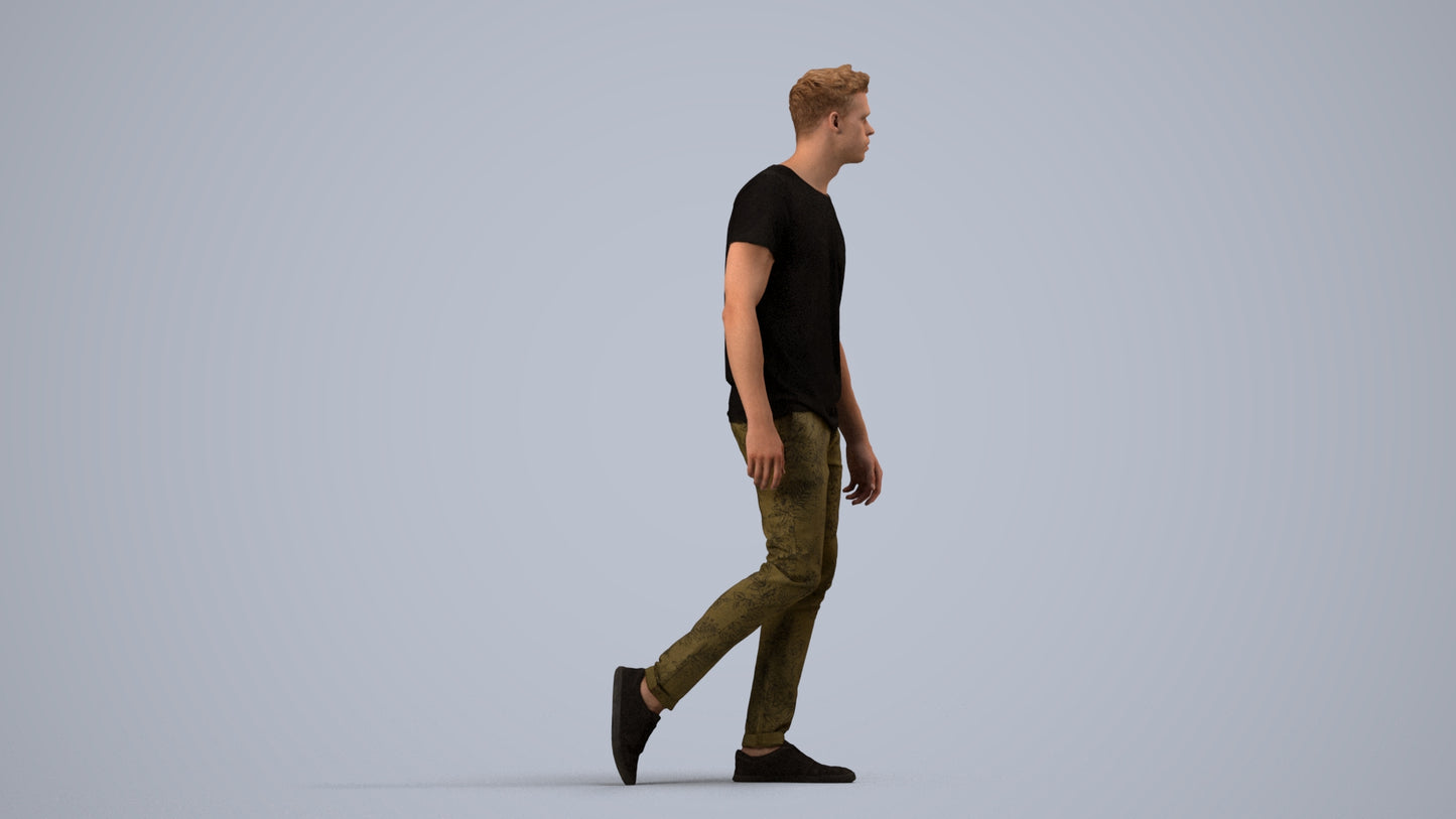 3D human model man casual walking, photogrammetry scanned person for archviz, side view render