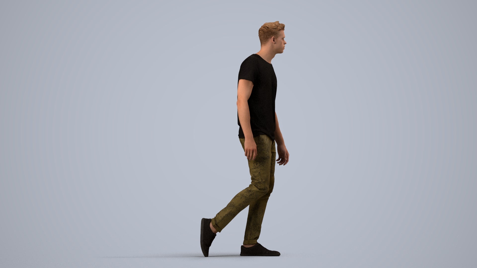 3D human model man casual walking, photogrammetry scanned person for archviz, side view render