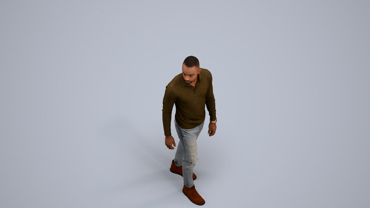 photogrammetry 3D man casual walking, realistic human model archviz FBX, back view render