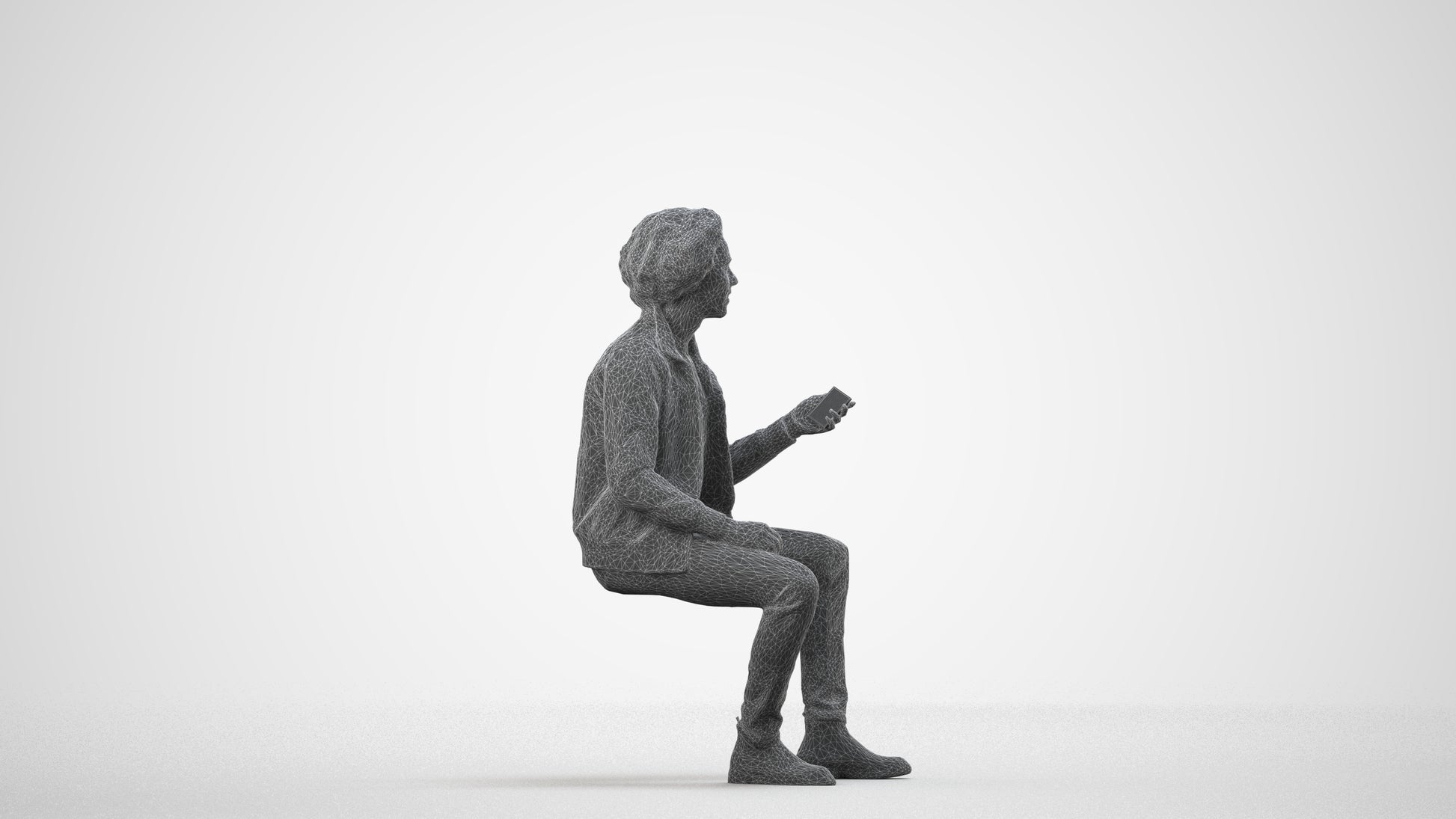 scanned 3D man casual sitting, photogrammetry people for Enscape and V-Ray, wireframe side view