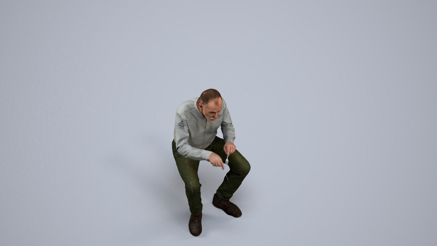 3D human model senior man casual sitting, photogrammetry scanned person for archviz, back view render