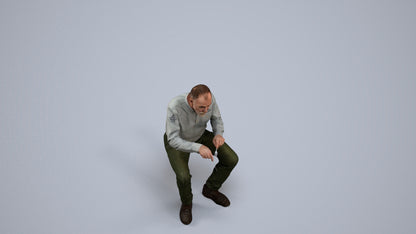 3D human model senior man casual sitting, photogrammetry scanned person for archviz, back view render