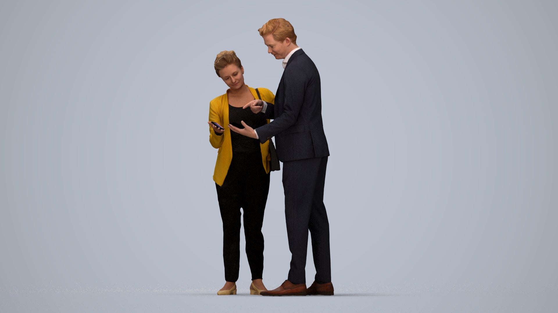 3D human model woman business, photogrammetry scanned person for archviz, top-down view render