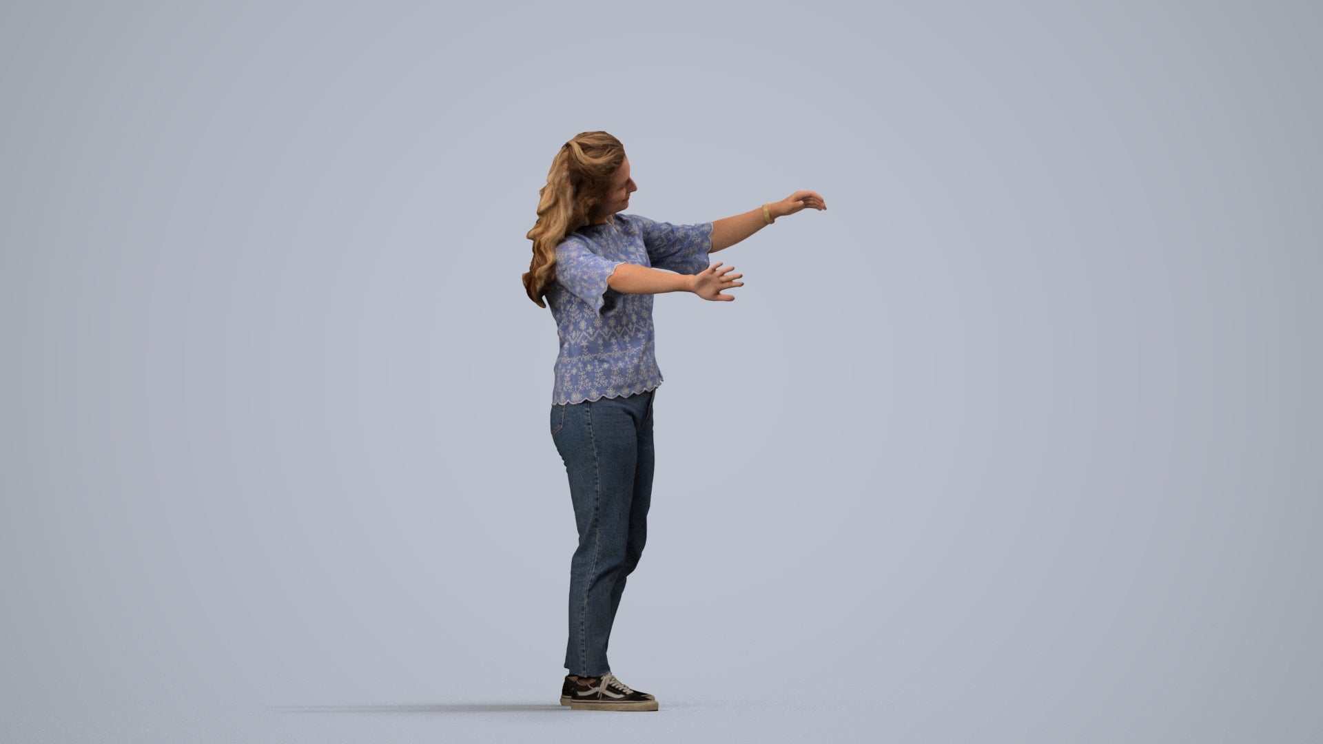 realistic 3D woman casual standing, scanned archviz people for Blender and 3ds Max, side view render