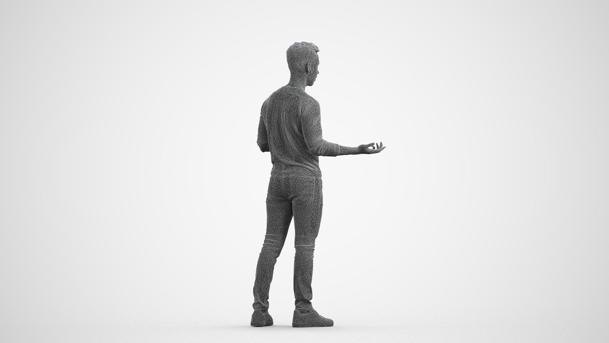 realistic 3D man casual standing, scanned archviz people for Blender and 3ds Max, wireframe front view