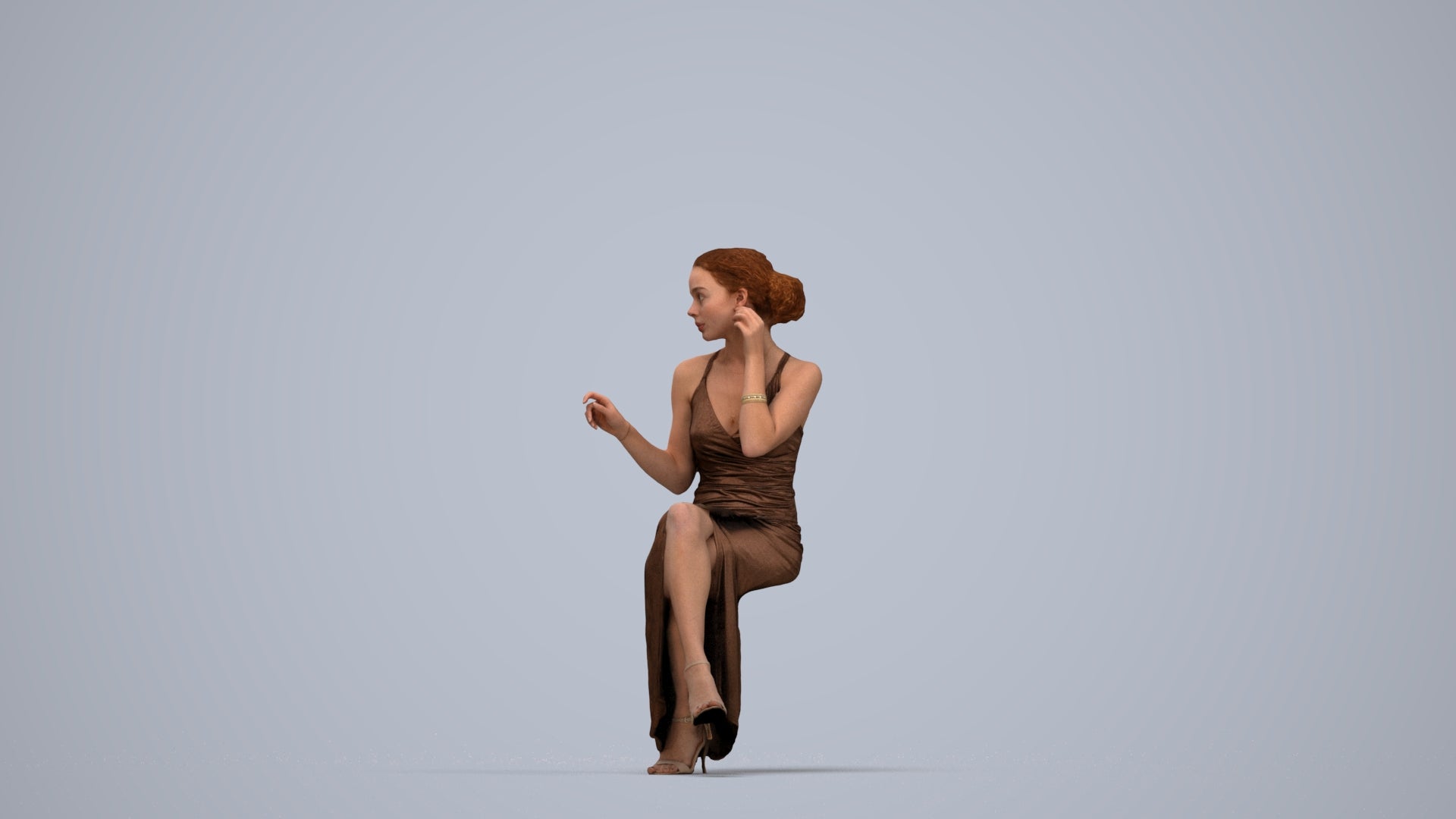 3D human model woman formal formalaffairs, photogrammetry scanned person for archviz, top-down view render