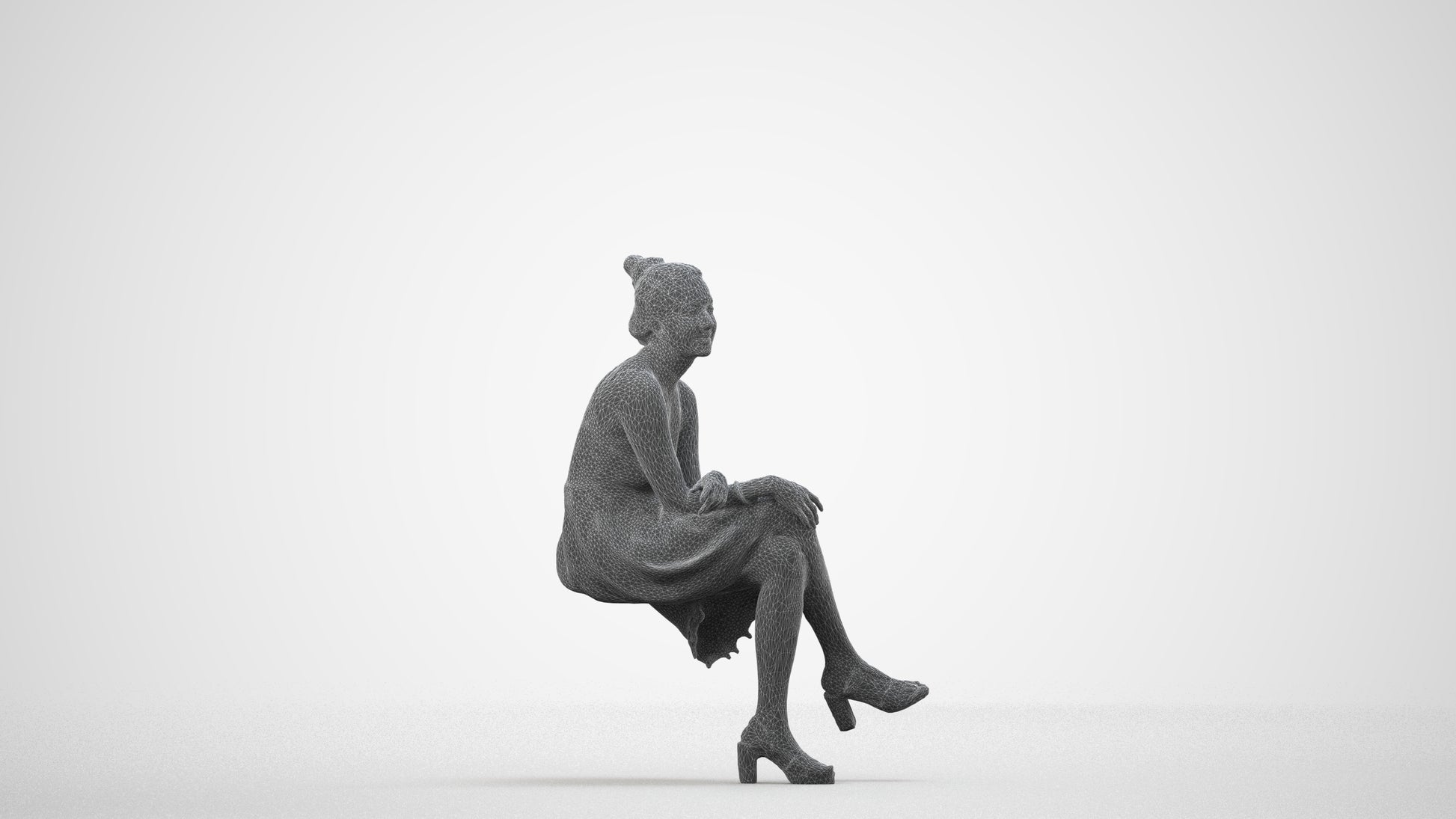 photogrammetry 3D woman formal sitting, realistic human model archviz FBX, wireframe side view
