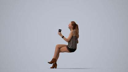 photogrammetry 3D girl casual sitting, realistic human model archviz FBX, three-quarter view render