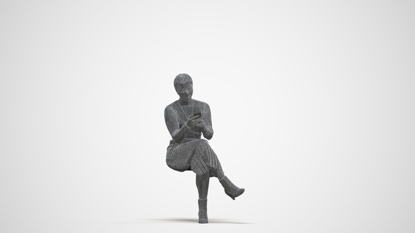 scanned 3D woman casual sitting, photogrammetry people for Enscape and V-Ray, three-quarter front view render
