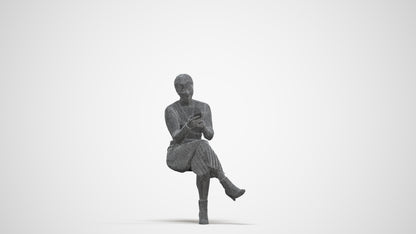 scanned 3D woman casual sitting, photogrammetry people for Enscape and V-Ray, three-quarter front view render