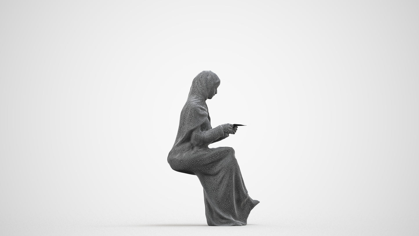 realistic 3D woman sitting, scanned archviz people for Blender and 3ds Max, wireframe side view