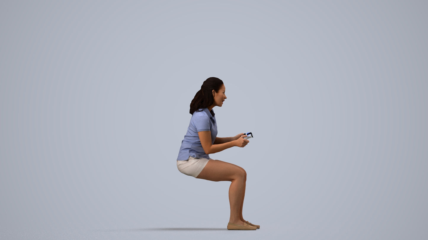 realistic 3D human woman casual sitting, archviz people FBX OBJ for Blender, side view render