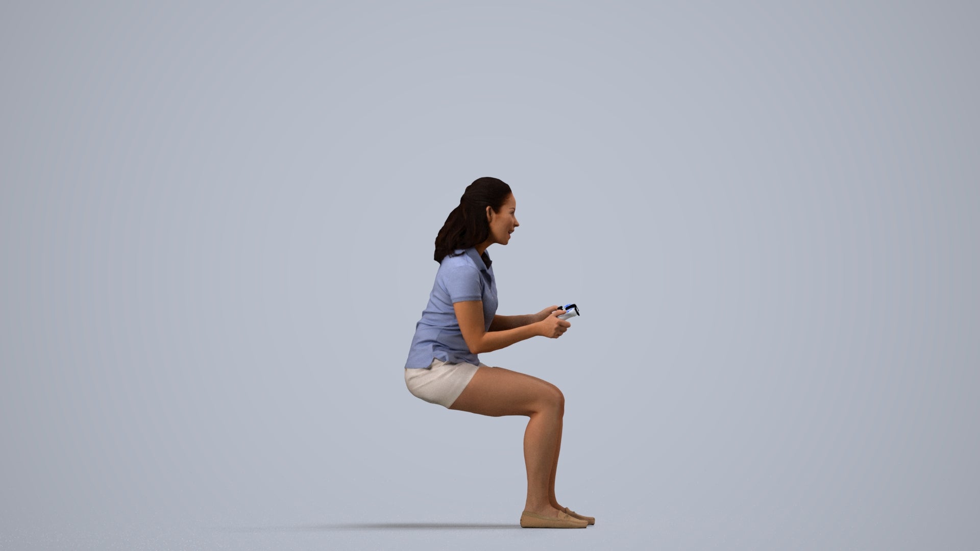 realistic 3D human woman casual sitting, archviz people FBX OBJ for Blender, side view render