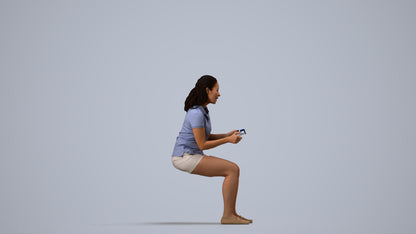 realistic 3D human woman casual sitting, archviz people FBX OBJ for Blender, side view render