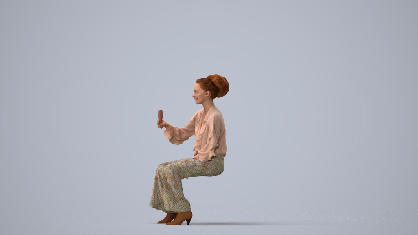 realistic 3D human woman casual sitting, archviz people FBX OBJ for Blender, three-quarter view render