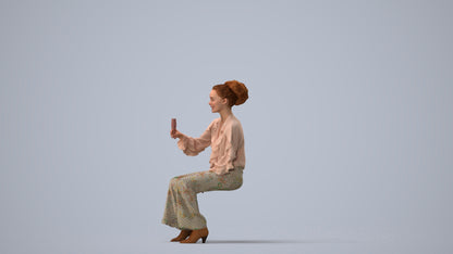 realistic 3D human woman casual sitting, archviz people FBX OBJ for Blender, three-quarter view render
