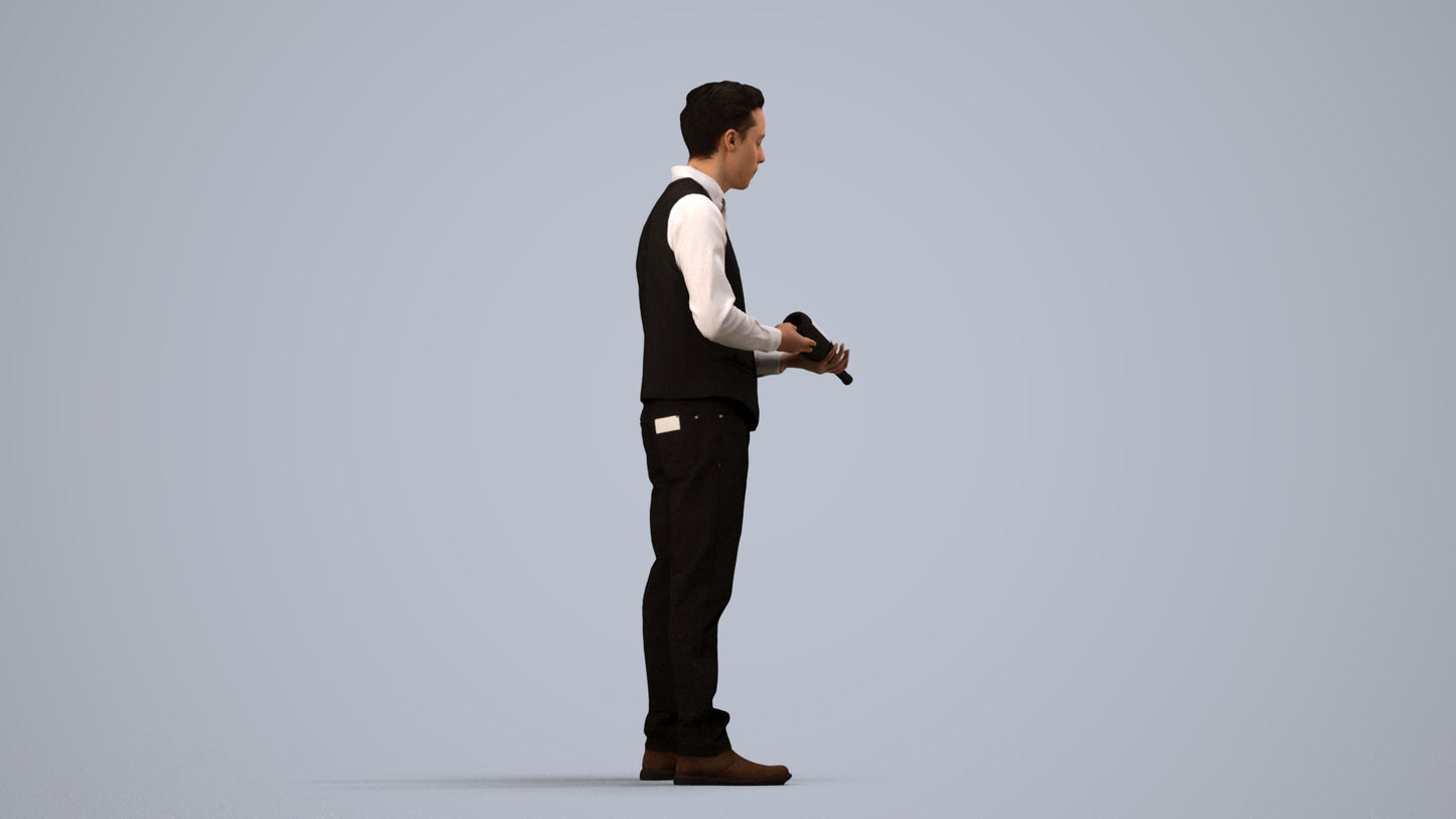 3D human model man hospitality, photogrammetry scanned person for archviz, side view render
