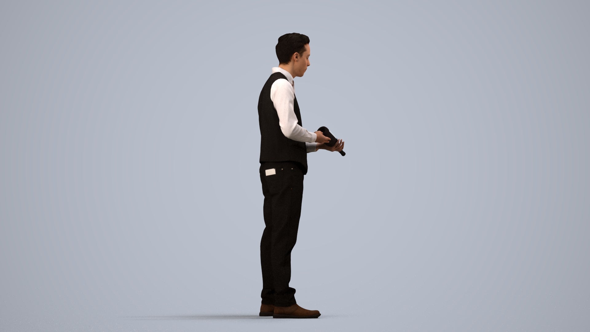 3D human model man hospitality, photogrammetry scanned person for archviz, side view render